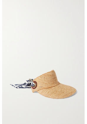 Chloé - Leather-trimmed Printed Silk-twill And Raffia Visor - Neutrals - One size