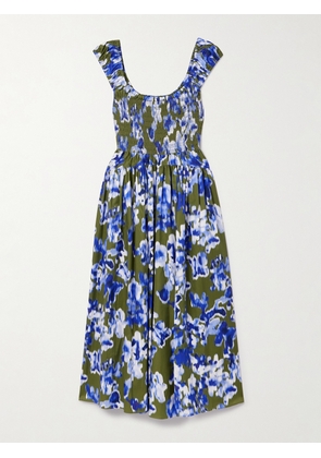 La Ligne - Vivian Shirred Printed Cotton-sateen Midi Dress - Blue - x small,small,medium,large,x large