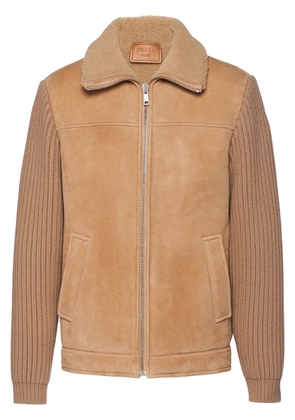 Prada logo-patch shearling zip-up jacket - Brown