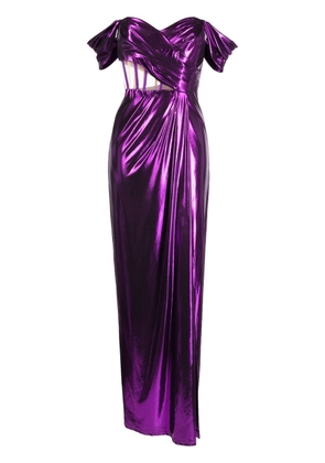 Marchesa Notte lamé-effect cut-out gown - Purple