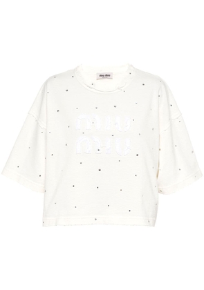 Miu Miu crystal-embellished distressed cropped T-shirt - White