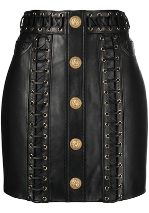 Balmain eyelet-embellished buttoned leather miniskirt - Black