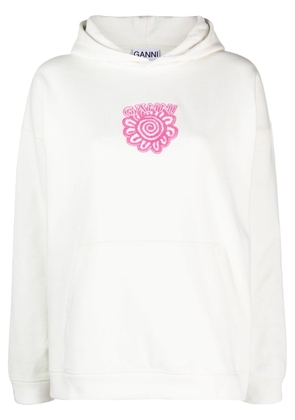 GANNI logo-appliqué organic cotton hoodie - White