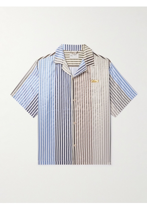 4SDesigns - Convertible-Collar Logo-Appliquéd Striped Silk-Faille Shirt - Men - Neutrals - XS