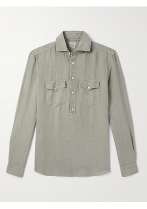 Brunello Cucinelli - Cutaway-Collar Linen and Cotton-Blend Half-Placket Shirt - Men - Green - S