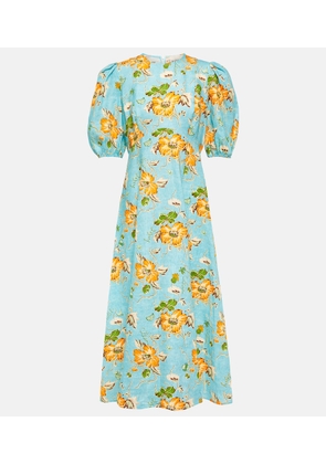 Alémais Floral puff-sleeve linen midi dress