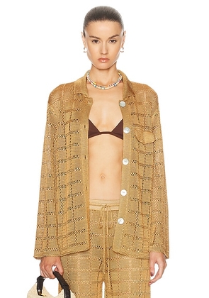 Calle Del Mar Crochet Long Sleeve Patchwork Shirt in Camel - Brown. Size L (also in M, S).