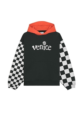 ERL Men Venice Checker Sleeve Hoodie in Black Checker - Black. Size L (also in M, S, XL).