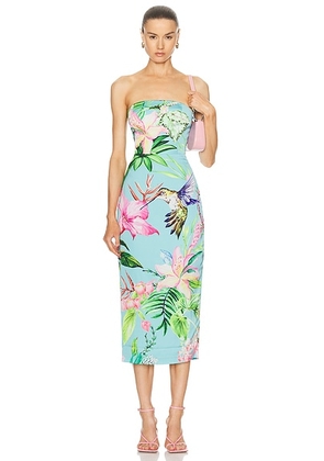 ROCOCO SAND Loiss Strapless Midi Dress in Turquoise - Teal. Size L (also in M, S, XS).