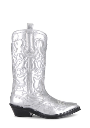 Ganni Embroidered Western Boot in Metallic Silver. Size 40.