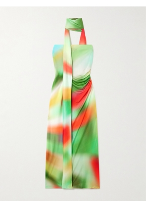 SIEDRÉS - Misty Scarf-detailed Ruched Tie-dye Jersey Midi Dress - Green - xx small,x small,small,medium,large