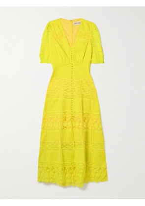 Saloni - Lea Paneled Pintucked Lace And Cotton-voile Midi Dress - Yellow - UK 4,UK 6,UK 8,UK 10,UK 12