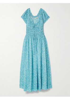 DÔEN - Ashlynn Tie-detailed Floral-print Shirred Organic Cotton-voile Midi Dress - Blue - xx small,x small,small,medium,large,x large,xx large