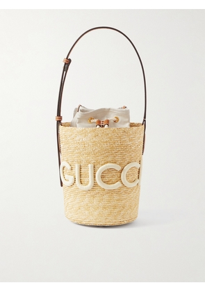 Gucci - Leather-trimmed Appliquéd Raffia Bucket Bag - Neutrals - One size