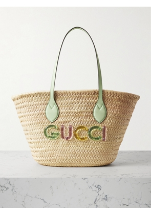 Gucci - Leather-trimmed Embellished Raffia Tote - Neutrals - One size