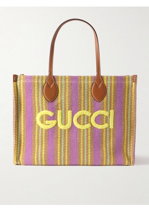 Gucci - Medium Eather-trimmed Embroidered Striped Raffia Tote - Neutrals - One size
