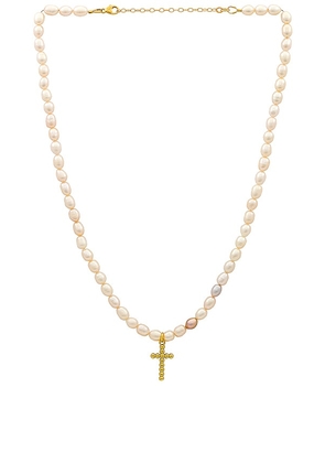 Joy Dravecky Jewelry Rice Pearl & Cross Necklace in White.