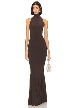 Norma Kamali Halter Turtle Fishtail Gown in Chocolate. Size XL.