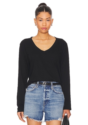 perfectwhitetee Long Sleeve Cotton Boxy V Neck Tee in Black. Size L, S, XS.