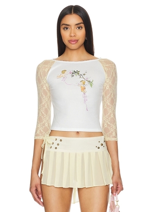 Zemeta Cupid Print Lace Sleeve Top in Ivory. Size M, S, XS.