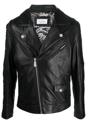 Philipp Plein embossed-logo padded leather biker jacket - Black