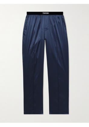 TOM FORD - Velvet-Trimmed Stretch-Silk Satin Pyjama Trousers - Men - Blue - S