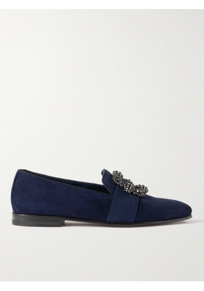 Manolo Blahnik - Carlton Embellished Grosgrain-Trimmed Suede Loafers - Men - Blue - UK 7