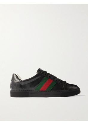 Gucci - Webbing- and Leather-Trimmed Monogrammed Coated-Canvas Sneakers - Men - Black - UK 6