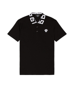 VERSACE Pique Cotton Polo in Black & White - Black. Size S (also in XS).