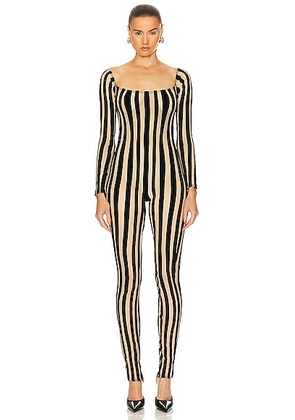 LaQuan Smith Off Shoulder Striped Catsuit in Black - Black. Size L (also in M).