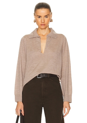 LESET James V Neck Polo Top in Sand - Taupe. Size L (also in M, XS).