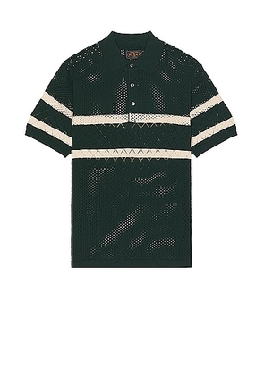 Beams Plus Knit Polo Mesh Stripe in Green - Green. Size XL/1X (also in S).