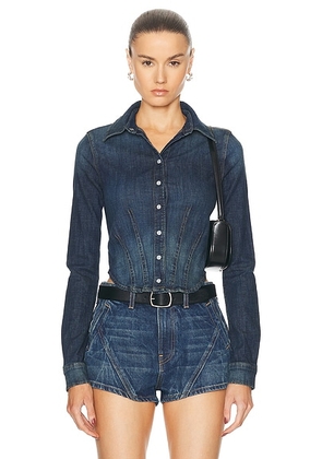 RE/DONE X Pam Anderson Fitted Denim Shirt in Vista Bay - Blue. Size M (also in L, S, XS).