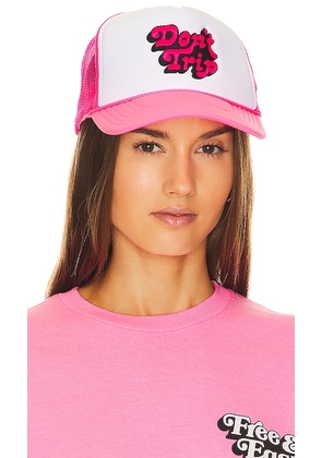 Free & Easy Don't Trip Embroidered Trucker Hat in Pink.