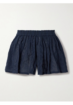 Suzie Kondi - Pezo Pleated Broderie Anglaise Cotton-voile Shorts - Blue - x small,small,medium,large,x large