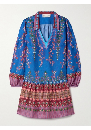 Saloni - Jas Gathered Printed Silk-twill Mini Dress - Blue - UK 4,UK 6,UK 8,UK 10,UK 12,UK 14,UK 16