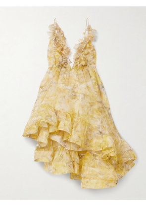 Zimmermann - Harmony Appliquéd Ruffled Asymmetric Floral-print Silk-organza Mini Dress - Yellow - 0,1,2,3