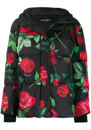 Dolce & Gabbana hooded floral-print down jacket - Black