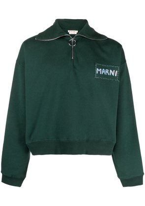 Marni logo-print short-zip cotton sweatshirt - Green