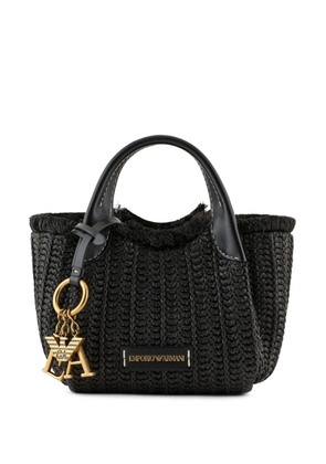Emporio Armani logo-charm woven straw tote bag - Black