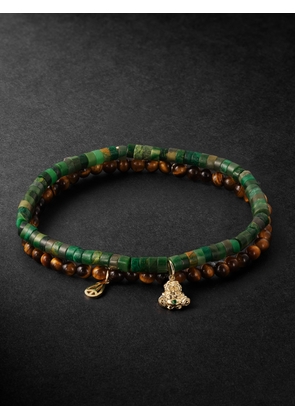 Sydney Evan - Set of Two Mini Buddha and Peace 14-Karat Gold and Emerald Beaded Bracelets - Men - Green
