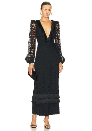 PatBO Crochet Plunge Fringe Trim Maxi Dress in Black - Black. Size 0 (also in ).