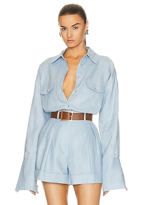 Helsa Linen Button Down Shirt in Chambray Blue - Baby Blue. Size L/XL (also in ).