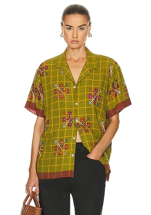 HARAGO Floral Embroidered Shirt in Green - Green. Size S (also in M).