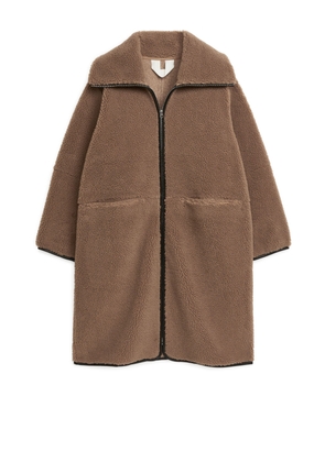 Leather Detailed Pile Coat - Beige