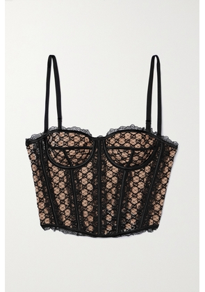 Gucci - Lace-trimmed Embroidered Cotton-blend Tulle And Satin Bustier Top - Black - S,M,L,XL