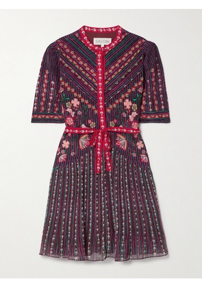 Saloni - Ally Belted Printed Silk-chiffon Mini Dress - Purple - UK 4,UK 6,UK 8,UK 10,UK 12,UK 14