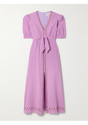 Saloni - Jamie Tie-detailed Embroidered Cotton-seersucker Midi Dress - Purple - UK 4,UK 6,UK 8,UK 10,UK 12,UK 14,UK 16