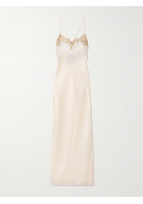 Rosamosario - Mathilde Metallic Chantilly Lace-trimmed Silk-satin Maxi Dress - Cream - x small,small,medium,large,x large