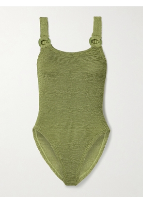 Hunza G - Domino Embellished Metallic Seersucker Swimsuit - Green - Beachwear One Size